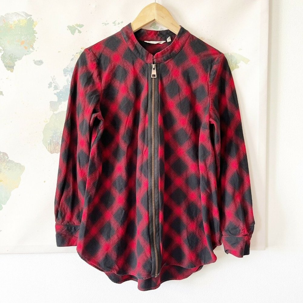Soft Surroundings Size Medium Shirt Jacket‎ Red Black Plaid Full Zip Flannel